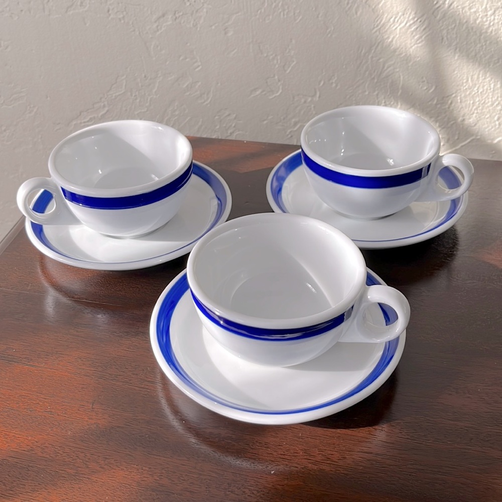 Crate&Barrel White Teacups with Cobalt Blue Bands (Set of 3)
